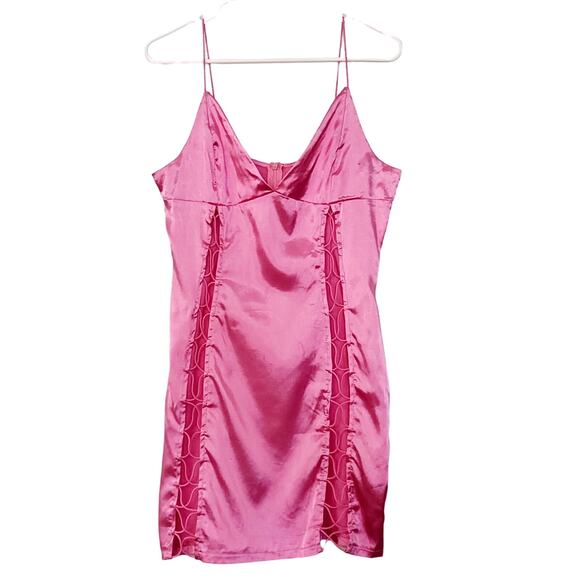 Barbie Hot Pink Shein Spaghetti Strap Cutout Lace-Up Front Mini Slip Dress Sz L - Picture 1 of 7